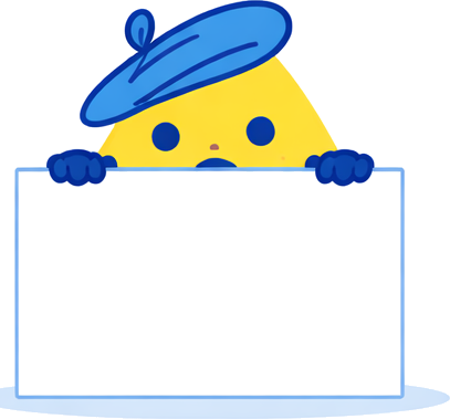 D.A.R.C.I peeking over a sign — a yellow triangle character wearing a blue beret