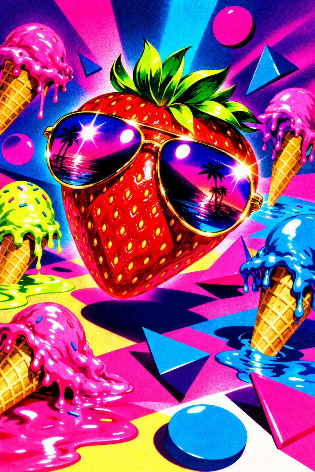 Piece No. 011: Retro pop art strawberry with sunglasses and melting ice cream