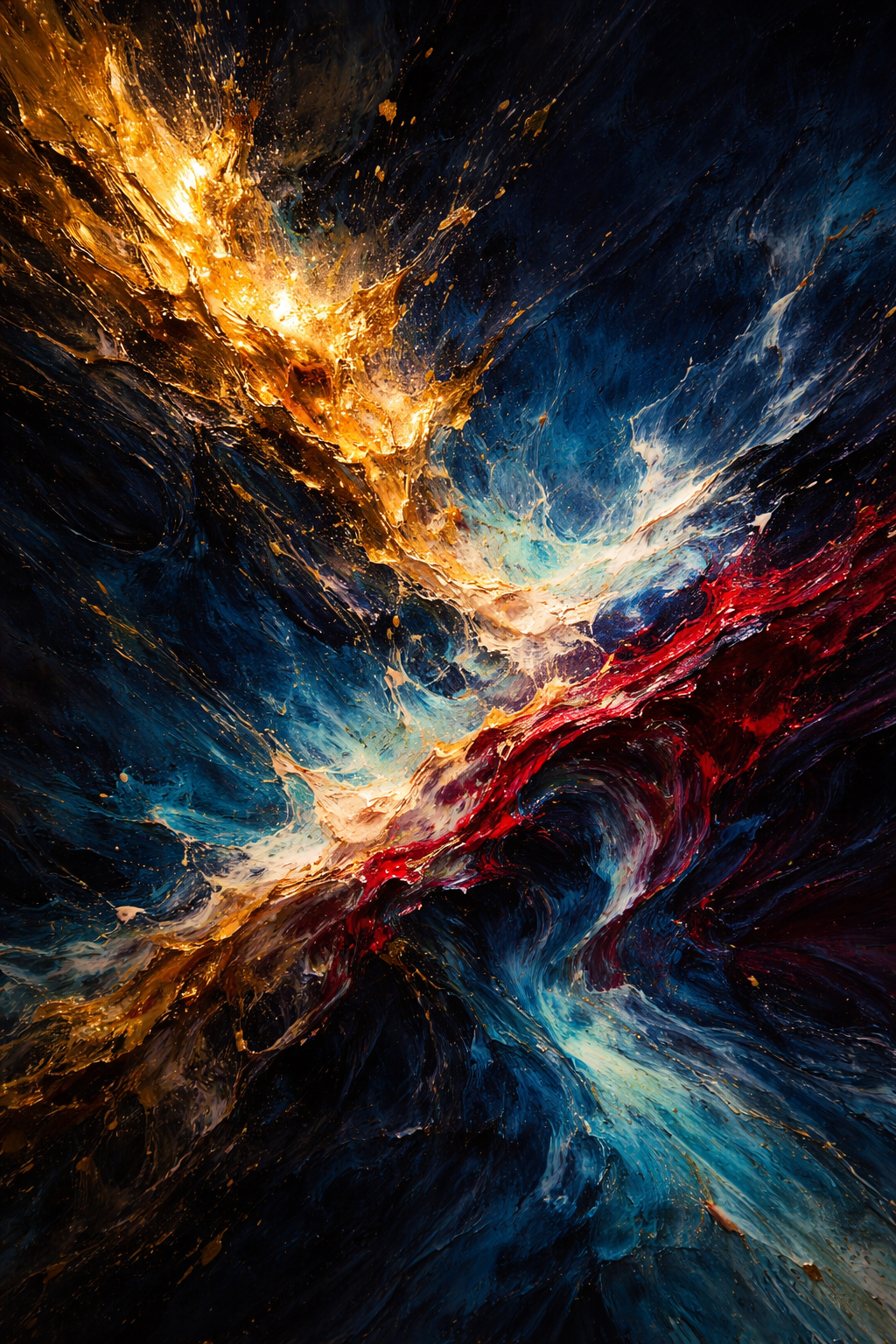 Piece No. 015: Explosive abstract cosmic collision of gold, blue and crimson